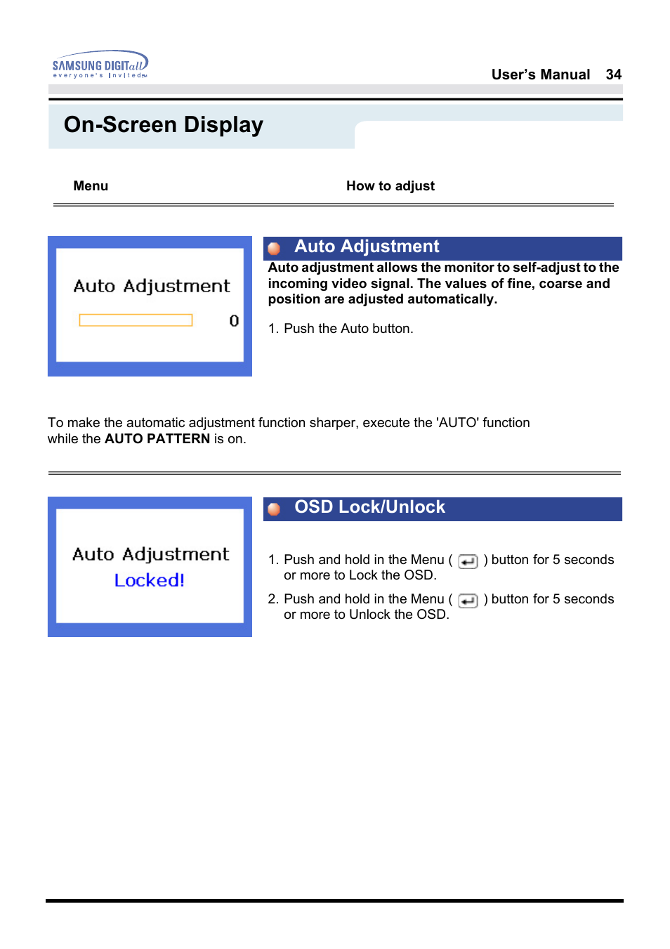 On-screen display, Auto adjustment osd lock/unlock | Samsung 181B User Manual | Page 34 / 65