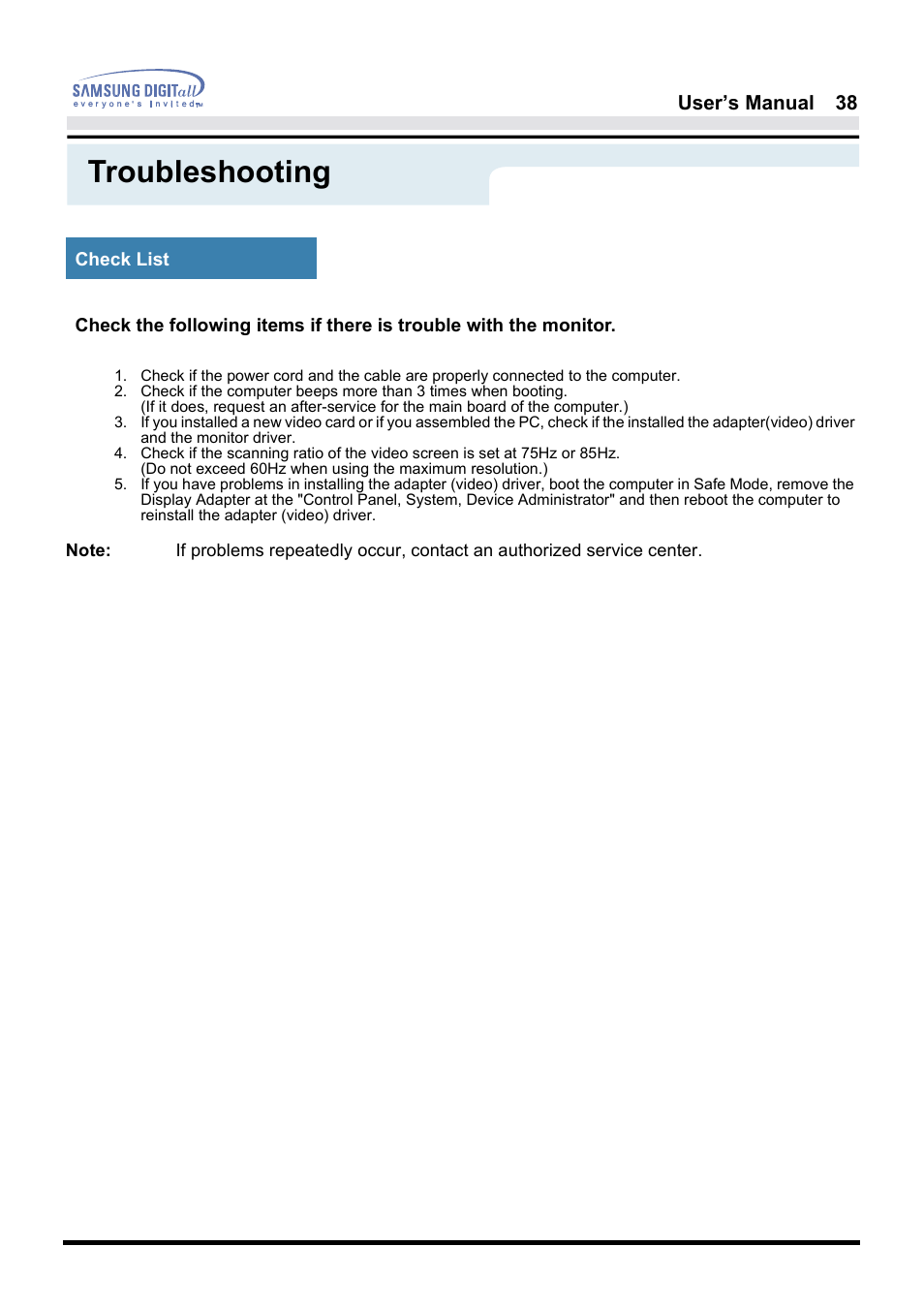 Troubleshooting | Samsung 181B User Manual | Page 38 / 65