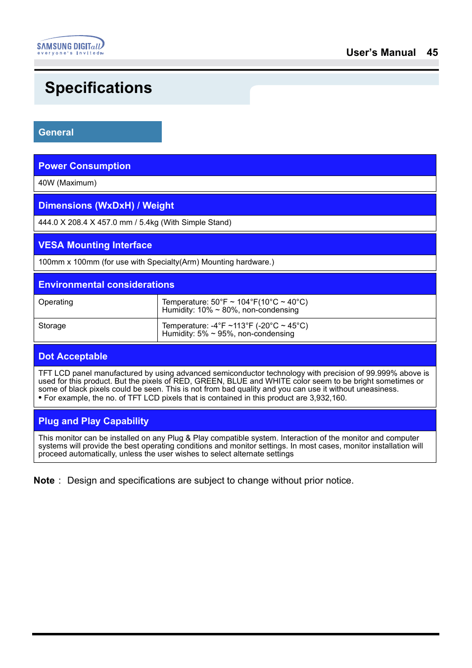 Specifications | Samsung 181B User Manual | Page 45 / 65