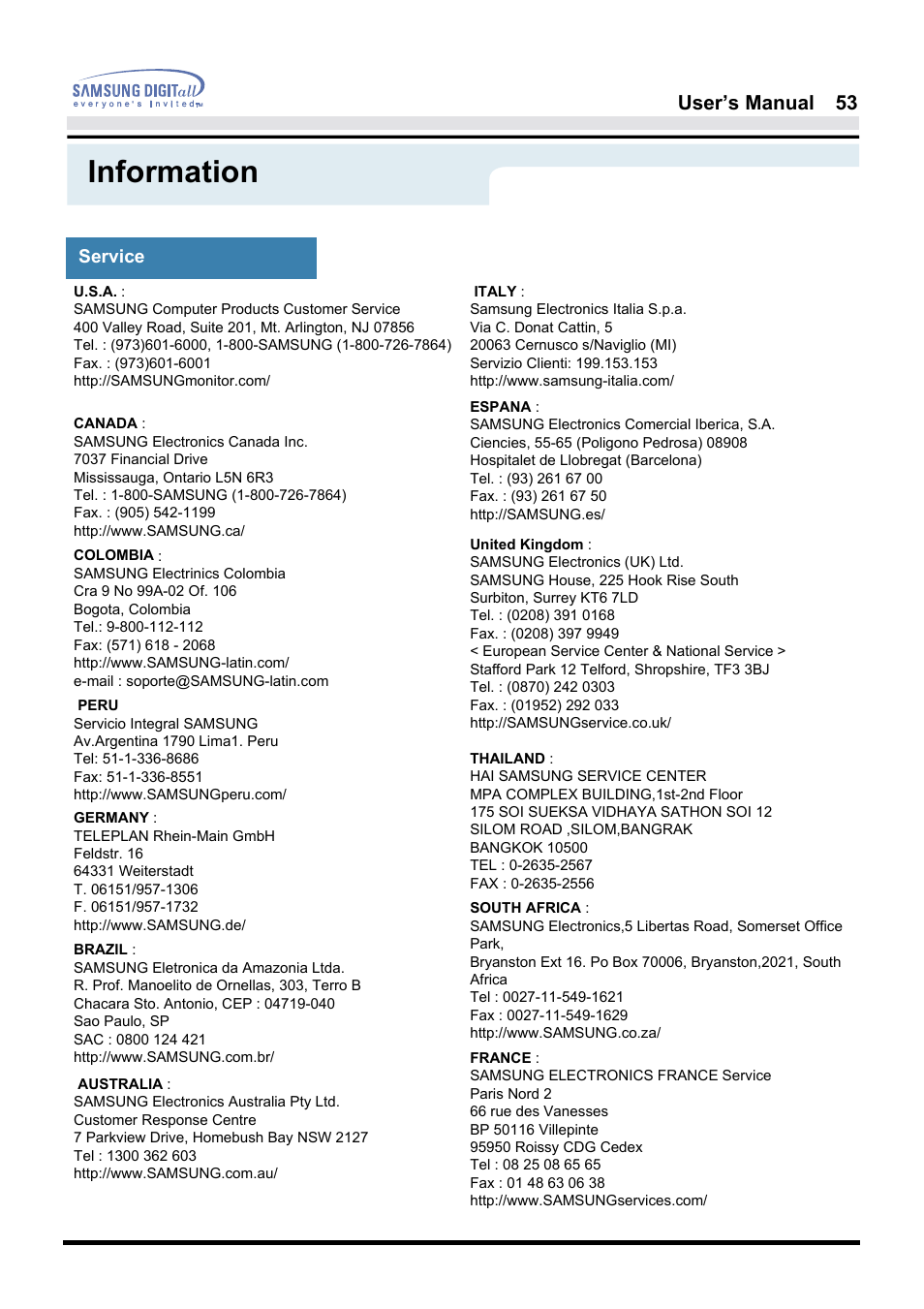Information, User’s manual 53 | Samsung 181B User Manual | Page 53 / 65