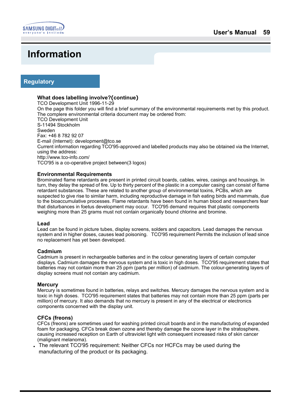Information, User’s manual 59 | Samsung 181B User Manual | Page 59 / 65