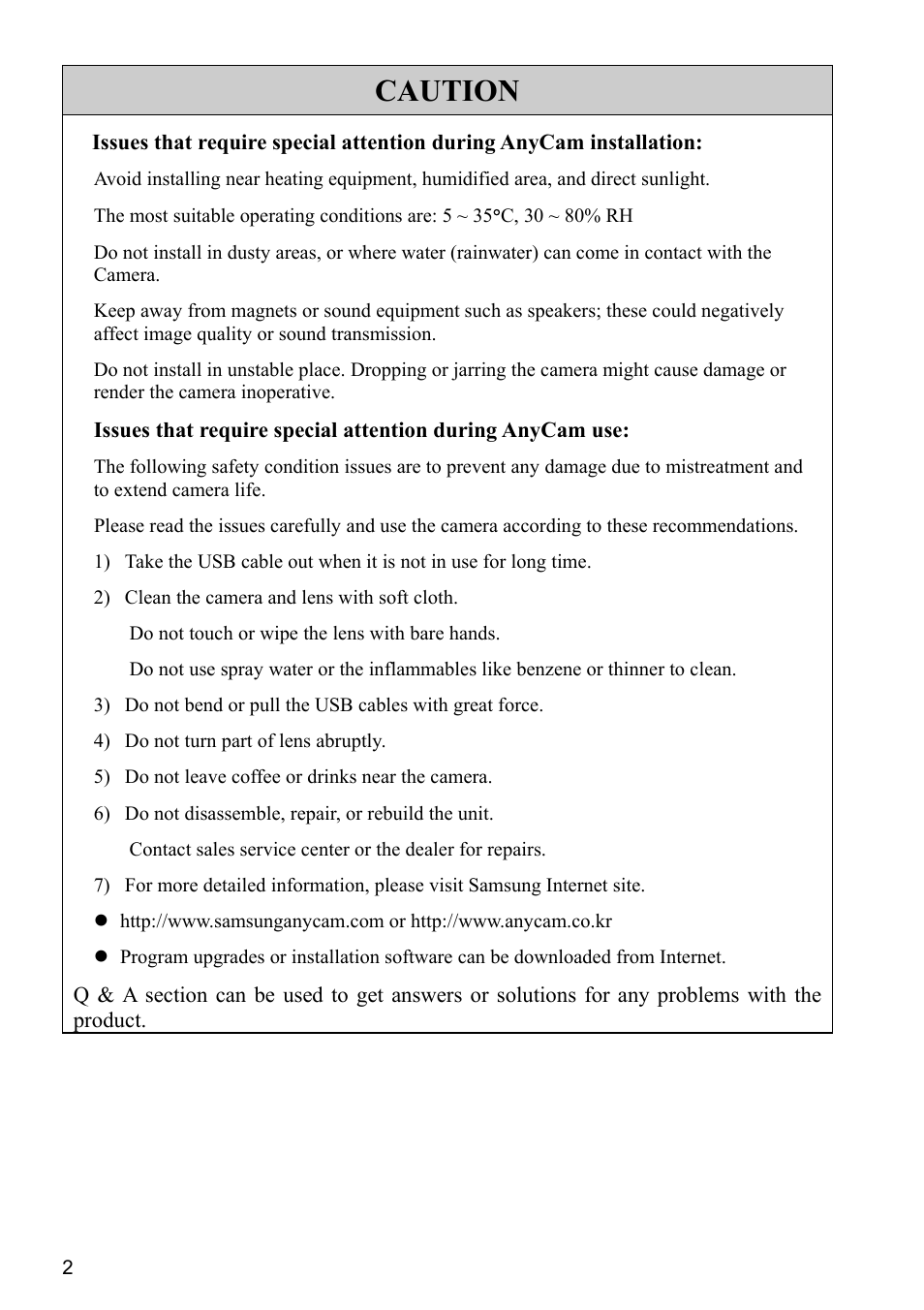 Caution | Samsung ANYCAM SNC-35E User Manual | Page 2 / 9