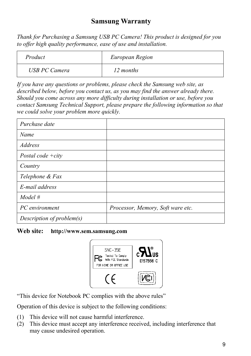 Samsung warranty | Samsung ANYCAM SNC-35E User Manual | Page 9 / 9