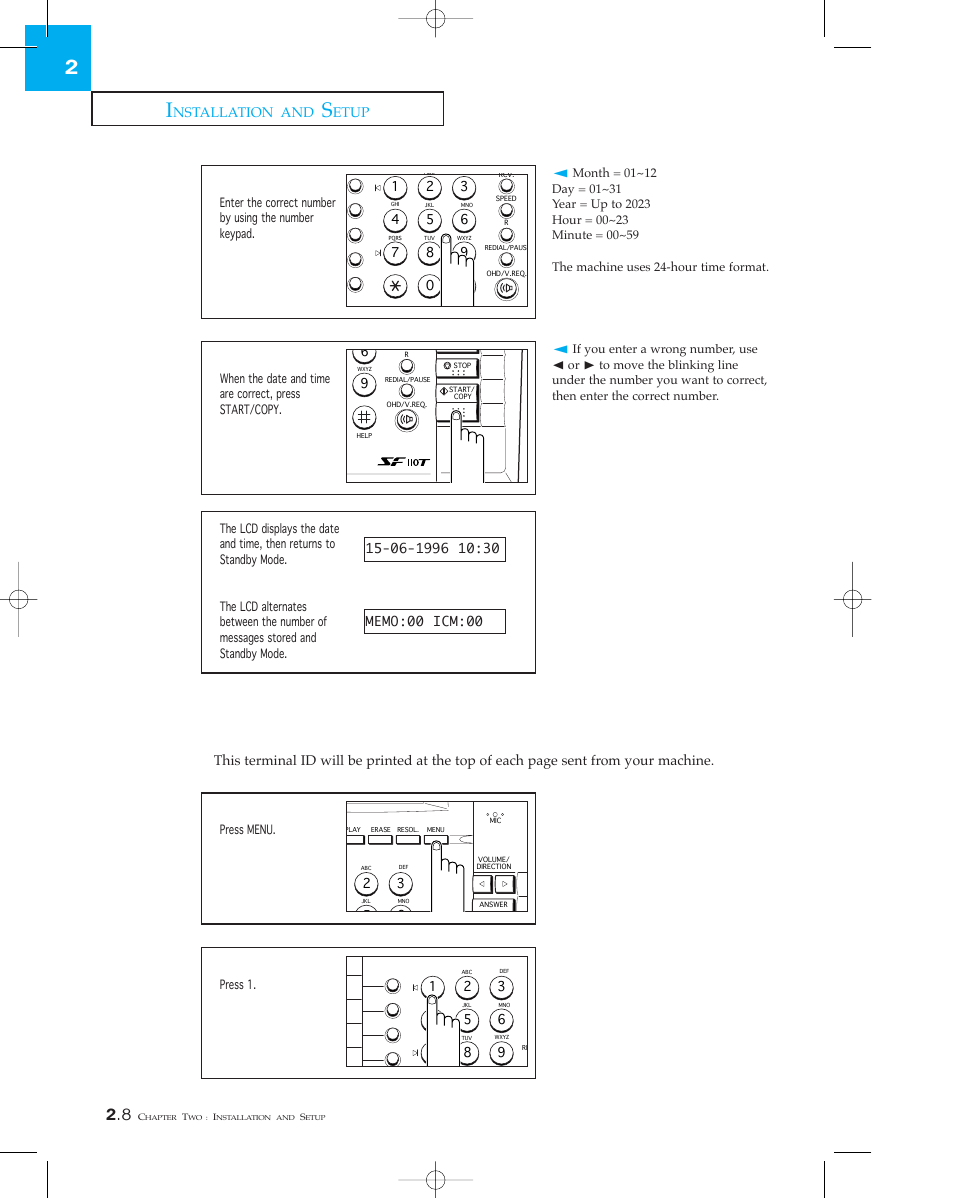 Setting the terminal id (your name and number), Nstallation and, Etup | Samsung SF 110T User Manual | Page 26 / 90