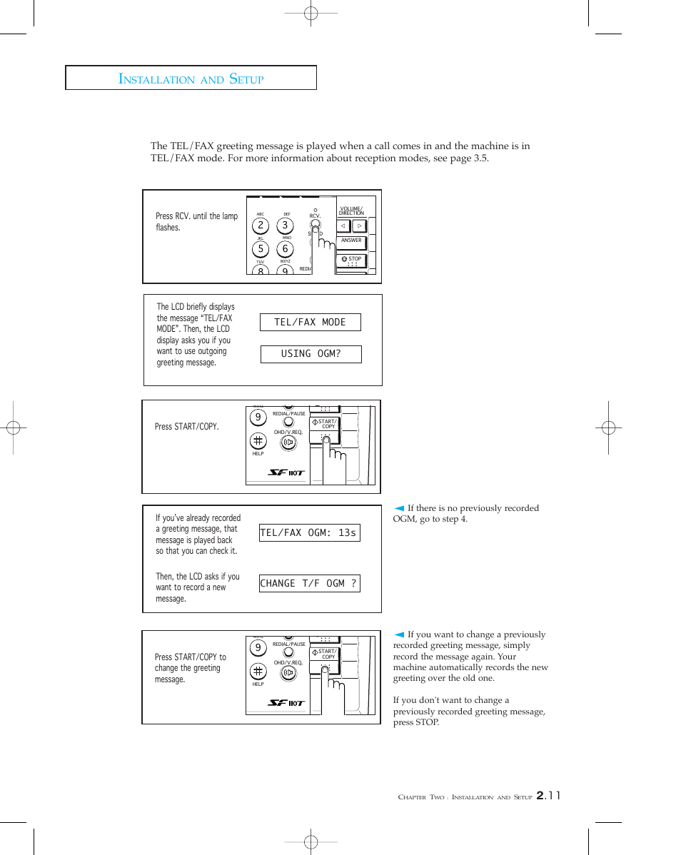 Recording a tel/fax greeting message, Nstallation and, Etup | Samsung SF 110T User Manual | Page 29 / 90