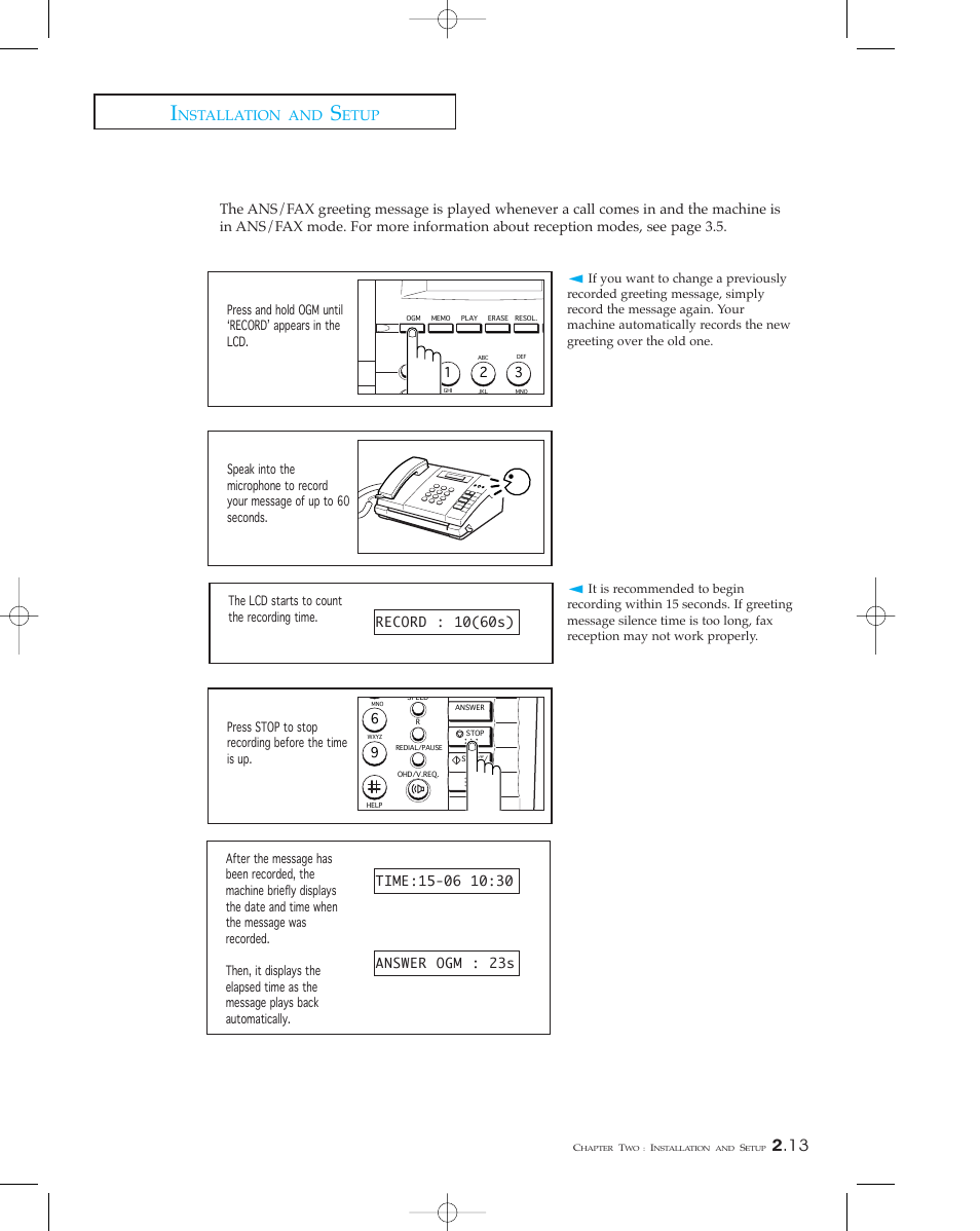 Recording an ans/fax greeting message, Nstallation and, Etup | Samsung SF 110T User Manual | Page 31 / 90