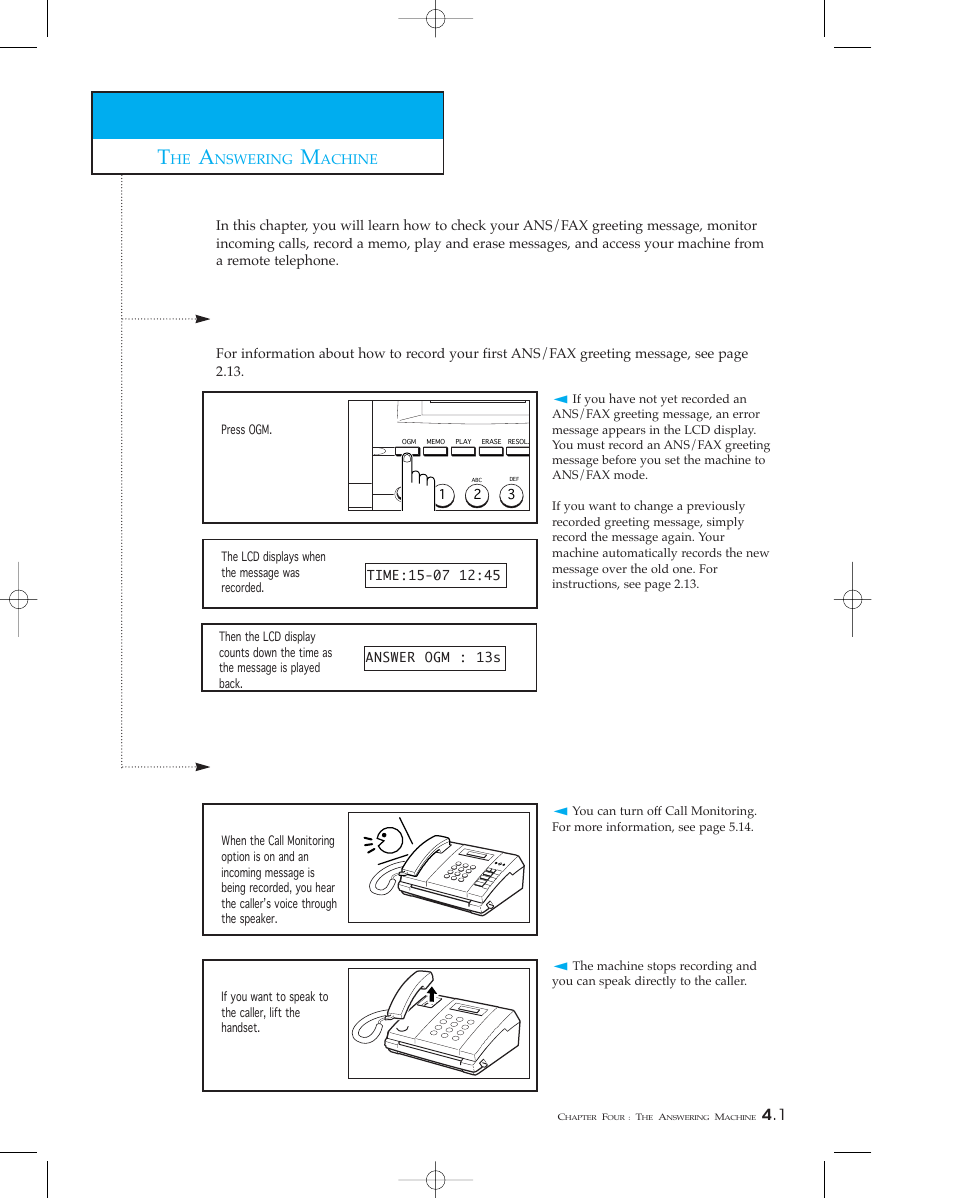 Checking your ans/fax greeting message, Monitoring an incoming call | Samsung SF 110T User Manual | Page 47 / 90