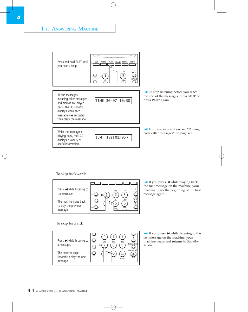 Playing back all messages, Skipping forward or backward, Nswering | Achine | Samsung SF 110T User Manual | Page 50 / 90