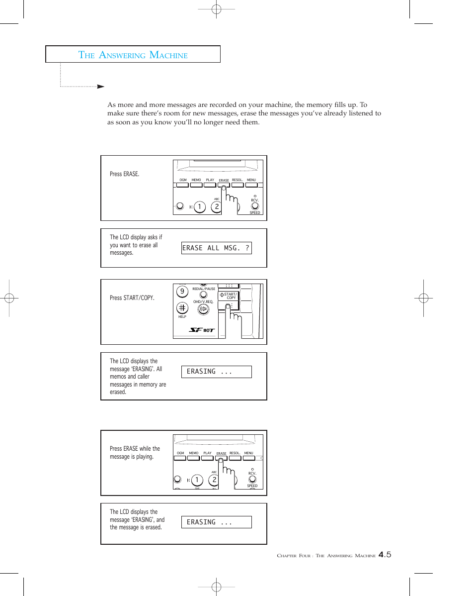 Erasing old messages, Erasing all messages, Erasing a selected message | Nswering, Achine | Samsung SF 110T User Manual | Page 51 / 90