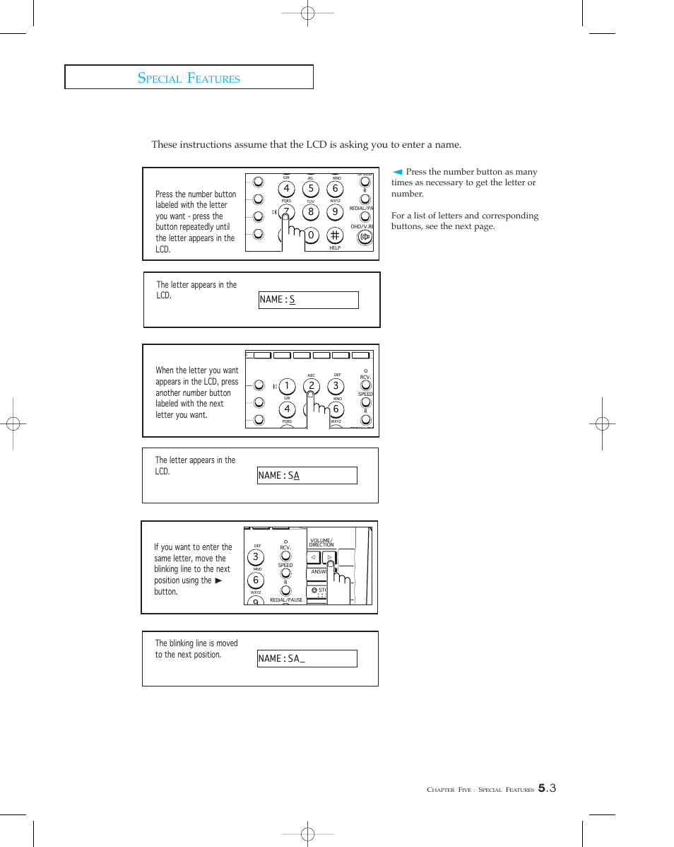 Using the keypad to enter a name, Pecial, Eatures | Samsung SF 110T User Manual | Page 61 / 90