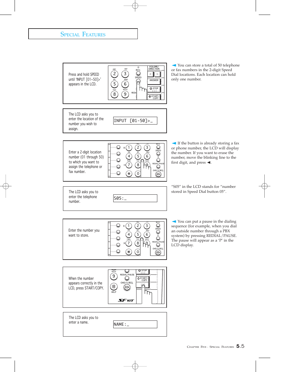 Storing a number for speed dialing, Pecial, Eatures | Samsung SF 110T User Manual | Page 63 / 90
