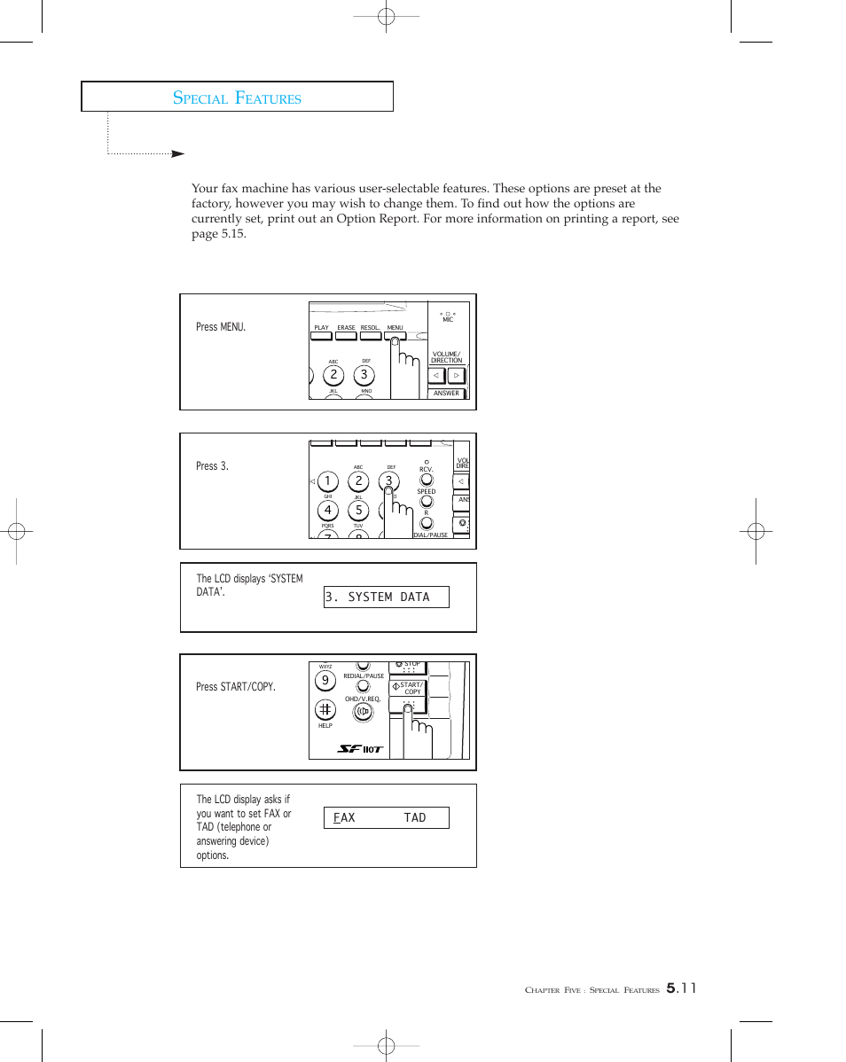 Options, Setting an option, Pecial | Eatures | Samsung SF 110T User Manual | Page 69 / 90