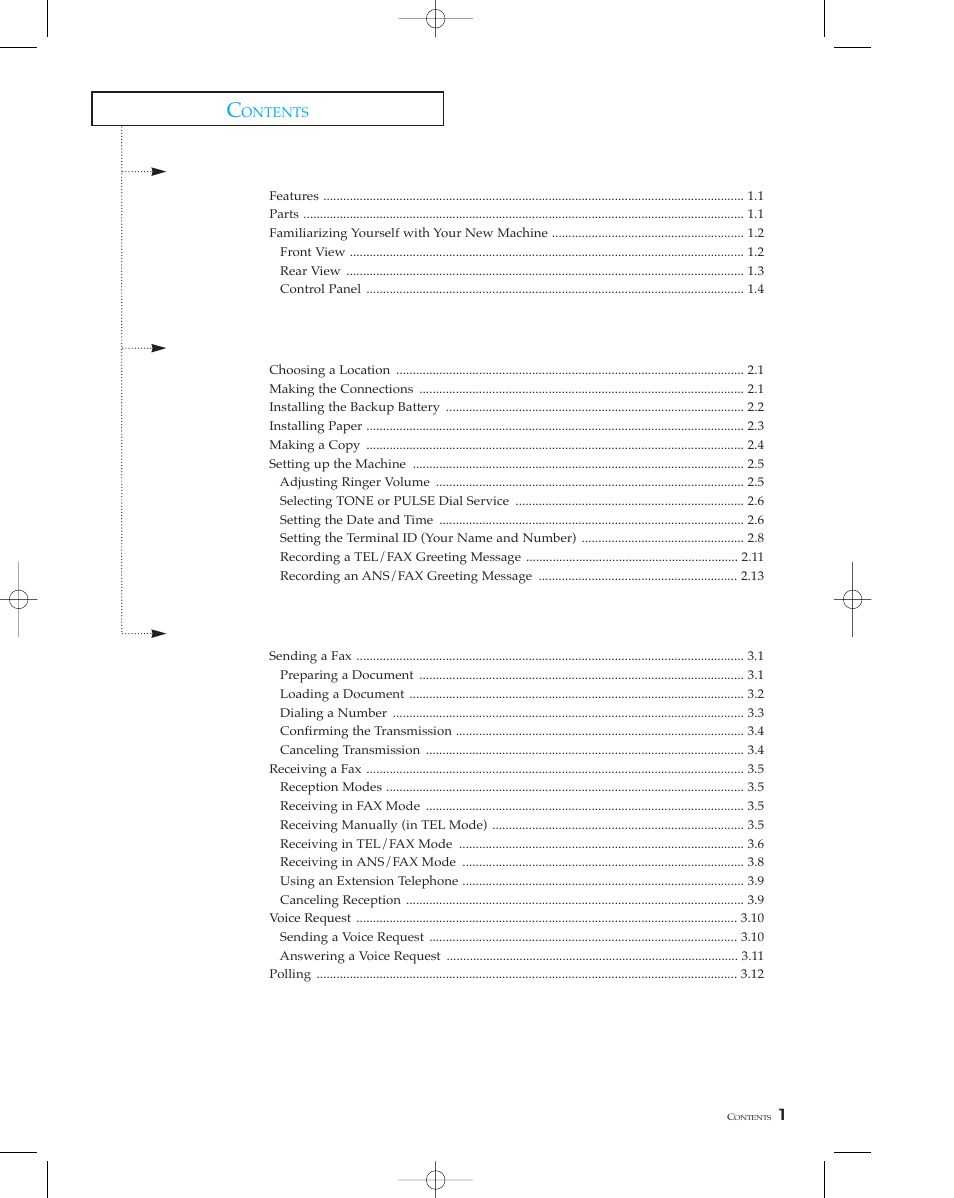 Chapter 1 your new machine, Chapter 2 installation and setup, Chapter 3 the fax machine | Samsung SF 110T User Manual | Page 7 / 90