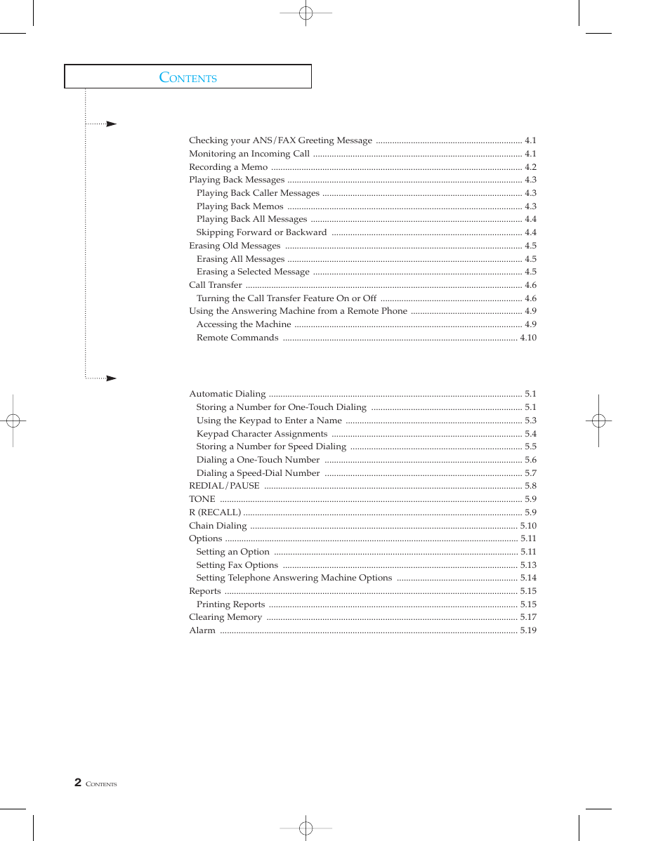 Chapter 4 the answering machine, Chapter 5 special features | Samsung SF 110T User Manual | Page 8 / 90