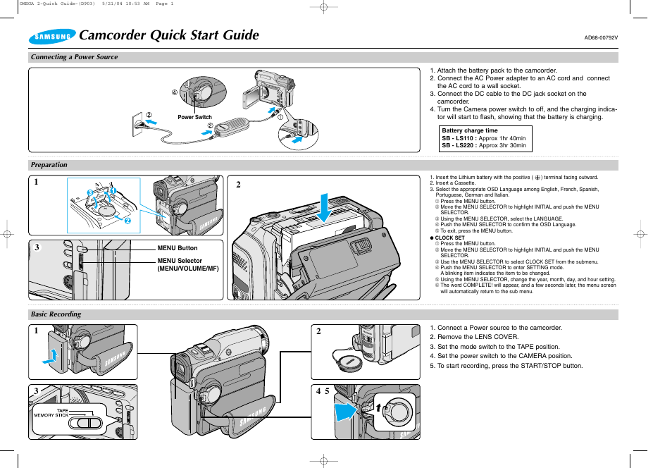 Samsung AD68-00792V User Manual | 2 pages