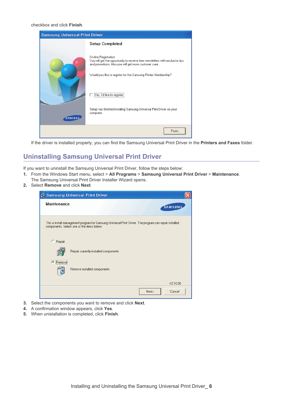 Uninstalling samsung universal print driver | Samsung SCX-5635FN User Manual | Page 6 / 14