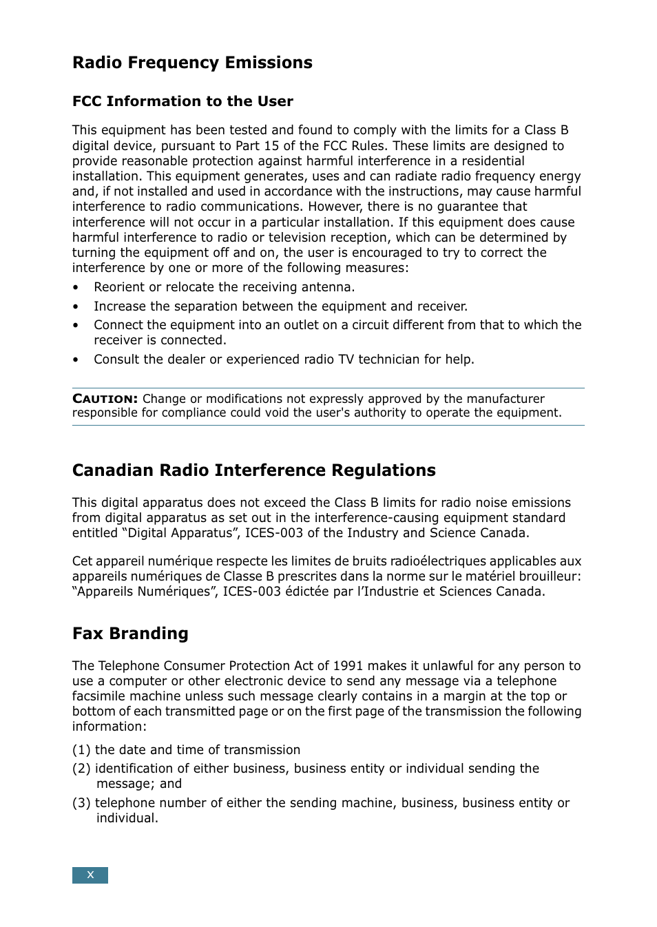 Radio frequency emissions, Canadian radio interference regulations, Fax branding | Samsung SCX-4216F User Manual | Page 11 / 225