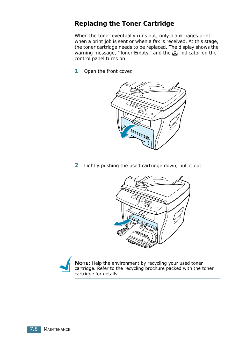 Replacing the toner cartridge | Samsung SCX-4216F User Manual | Page 115 / 225