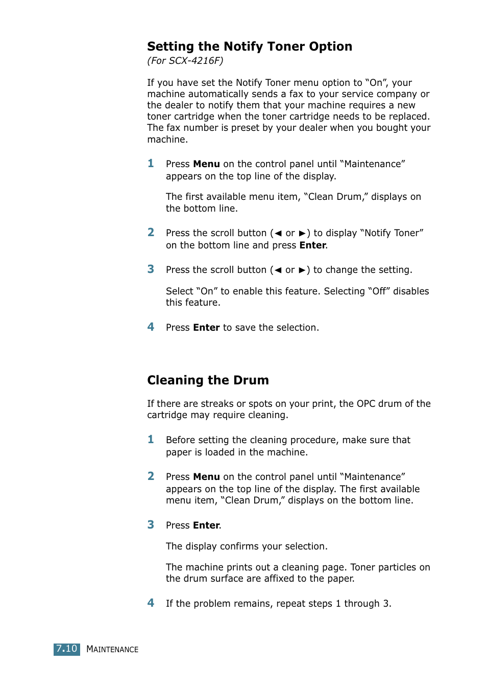 Setting the notify toner option (for scx-4216f), Cleaning the drum, Setting the notify toner option | Samsung SCX-4216F User Manual | Page 117 / 225