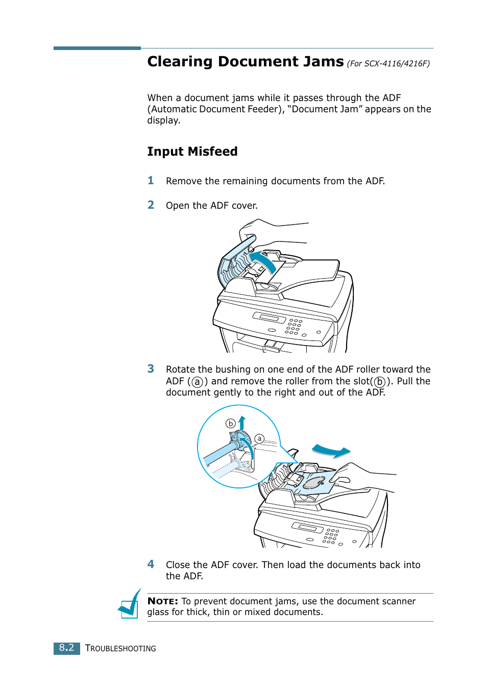 Clearing document jams (for scx-4116/4216f), Input misfeed, Clearing document jams (for scx-4116 | 4216f), Clearing document jams | Samsung SCX-4216F User Manual | Page 121 / 225