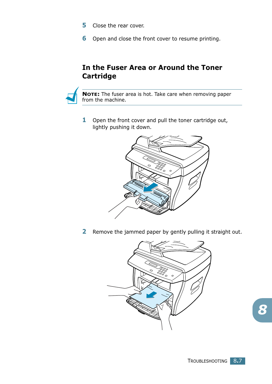In the fuser area or around the toner cartridge | Samsung SCX-4216F User Manual | Page 126 / 225