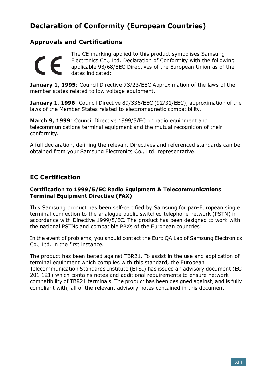 Declaration of conformity (european countries) | Samsung SCX-4216F User Manual | Page 14 / 225