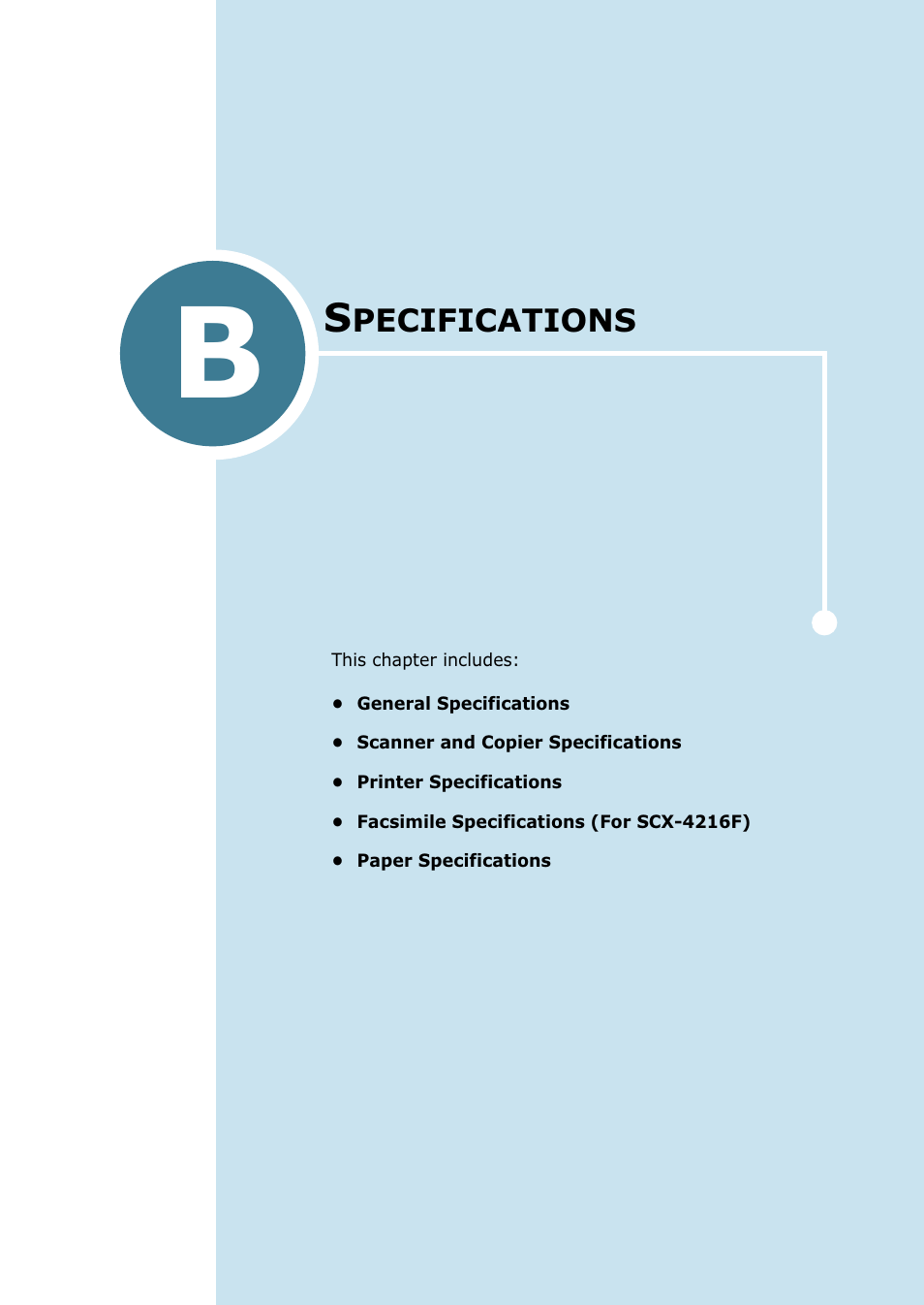 Specifications, Chapter b, Pecifications | Samsung SCX-4216F User Manual | Page 154 / 225