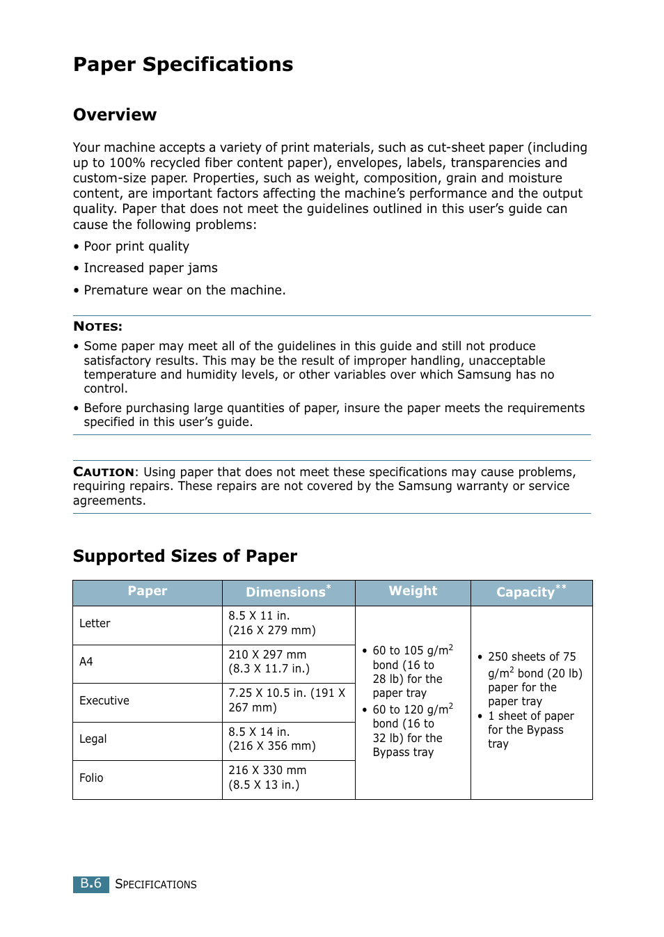 Paper specifications, Overview, Supported sizes of paper | Use only recommended print materials. see “paper, See “paper specifications, Y not meet paper specifications. see “paper | Samsung SCX-4216F User Manual | Page 159 / 225