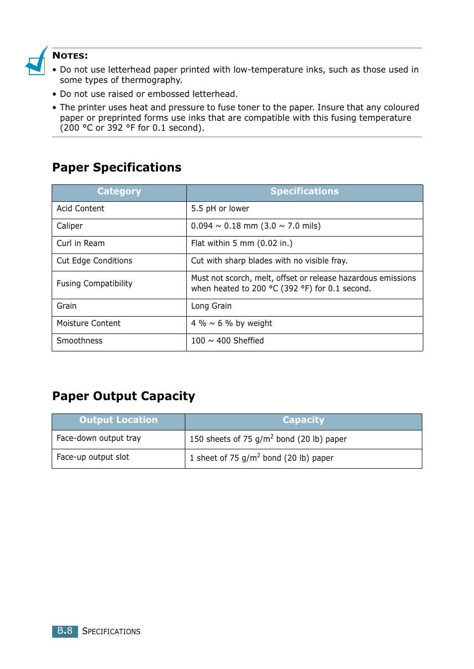 Paper specifications, Paper output capacity, Paper specifications paper output capacity | Samsung SCX-4216F User Manual | Page 161 / 225