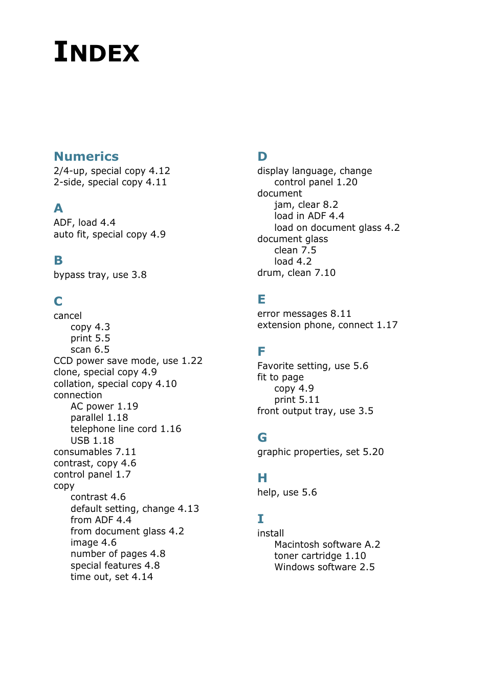 Index, Ndex, Numerics | Samsung SCX-4216F User Manual | Page 163 / 225