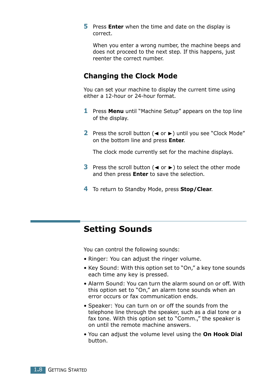 Changing the clock mode, Setting sounds | Samsung SCX-4216F User Manual | Page 176 / 225