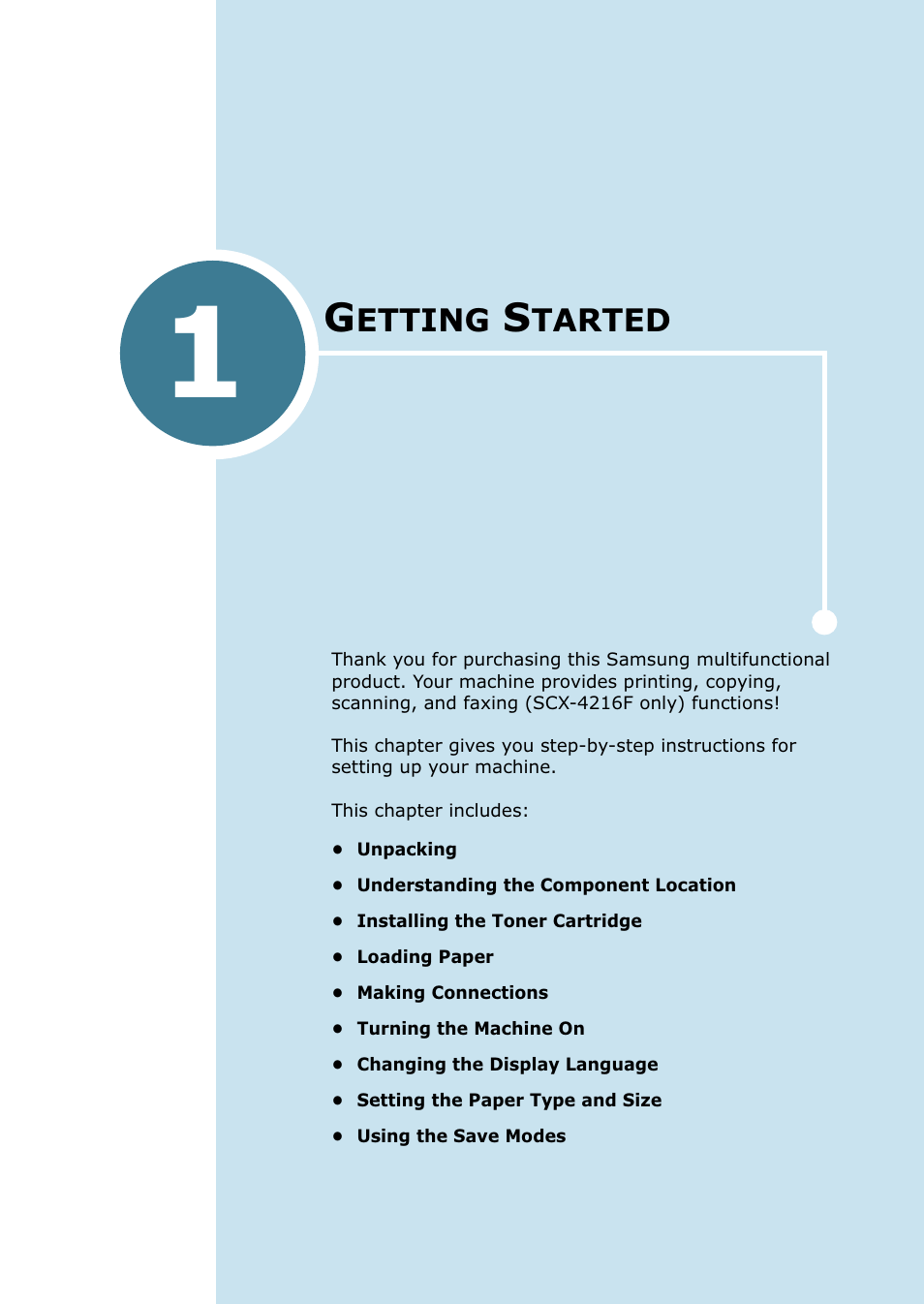 Getting started, Chapter 1, Etting | Tarted | Samsung SCX-4216F User Manual | Page 18 / 225