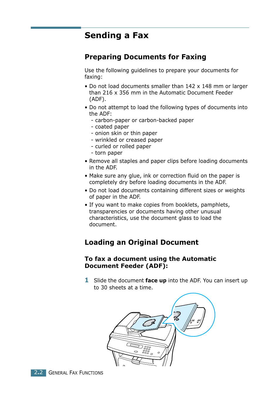 Sending a fax, Preparing documents for faxing, Loading an original document | Samsung SCX-4216F User Manual | Page 186 / 225