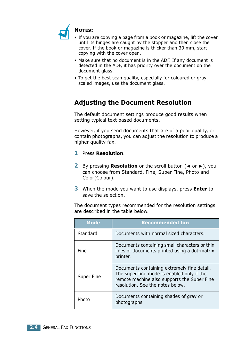 Adjusting the document resolution | Samsung SCX-4216F User Manual | Page 188 / 225