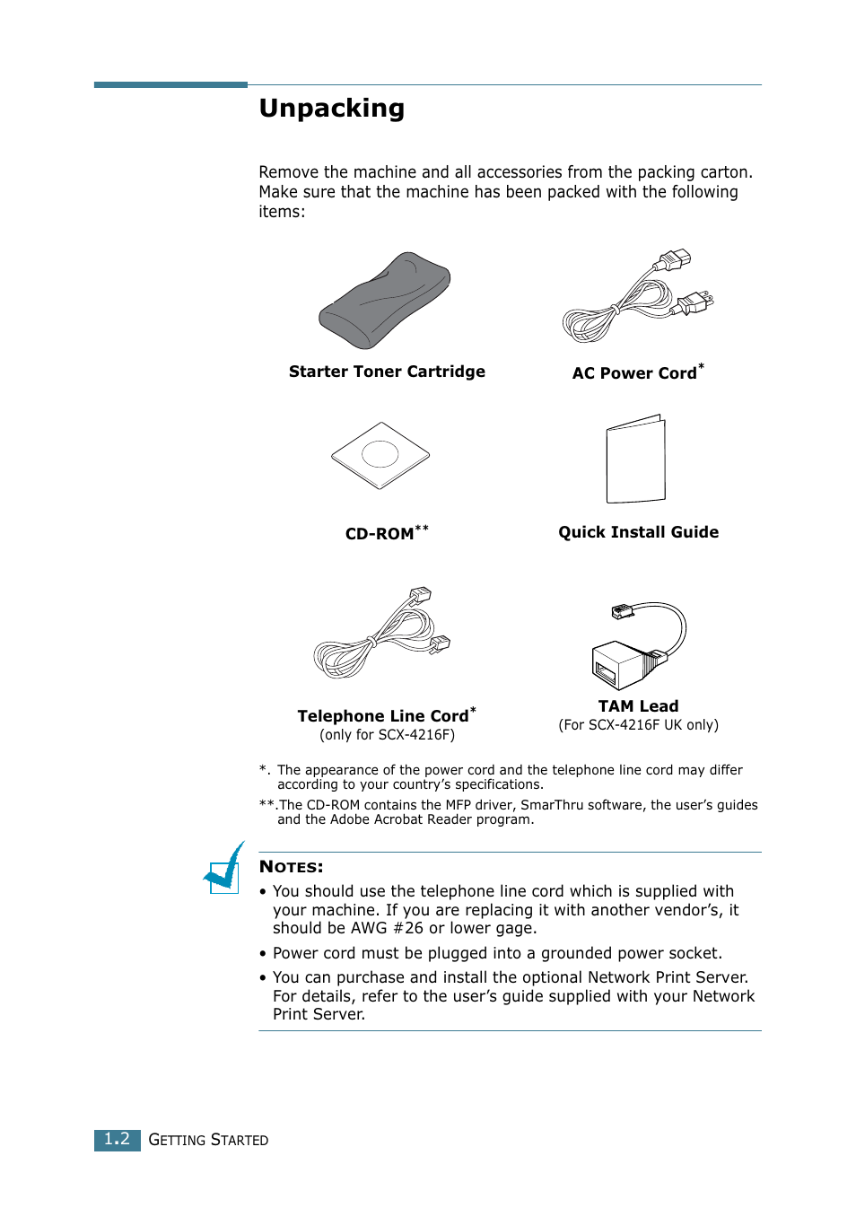 Unpacking | Samsung SCX-4216F User Manual | Page 19 / 225