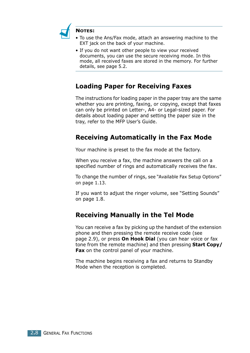 Loading paper for receiving faxes, Receiving automatically in the fax mode, Receiving manually in the tel mode | Samsung SCX-4216F User Manual | Page 192 / 225