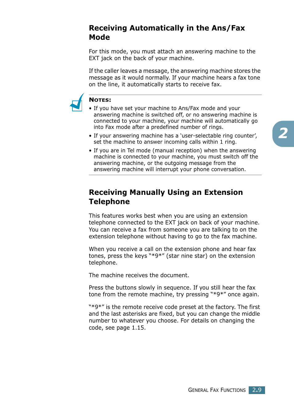 Receiving automatically in the ans/fax mode, Receiving manually using an extension telephone | Samsung SCX-4216F User Manual | Page 193 / 225