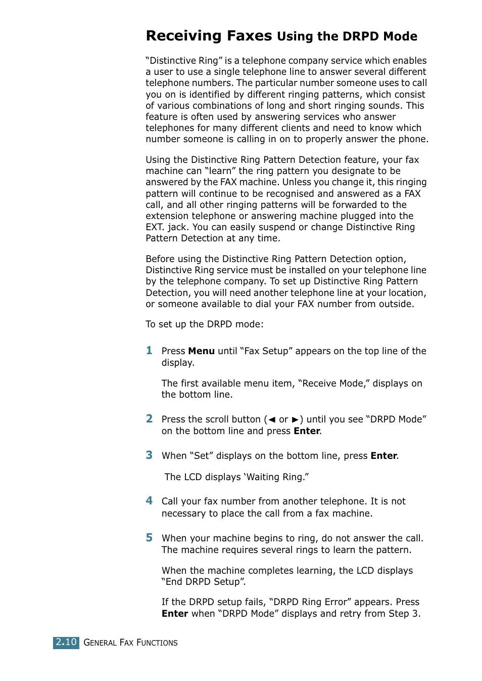 Receiving faxes using the drpd mode, Receiving faxes, Using the drpd mode | Samsung SCX-4216F User Manual | Page 194 / 225