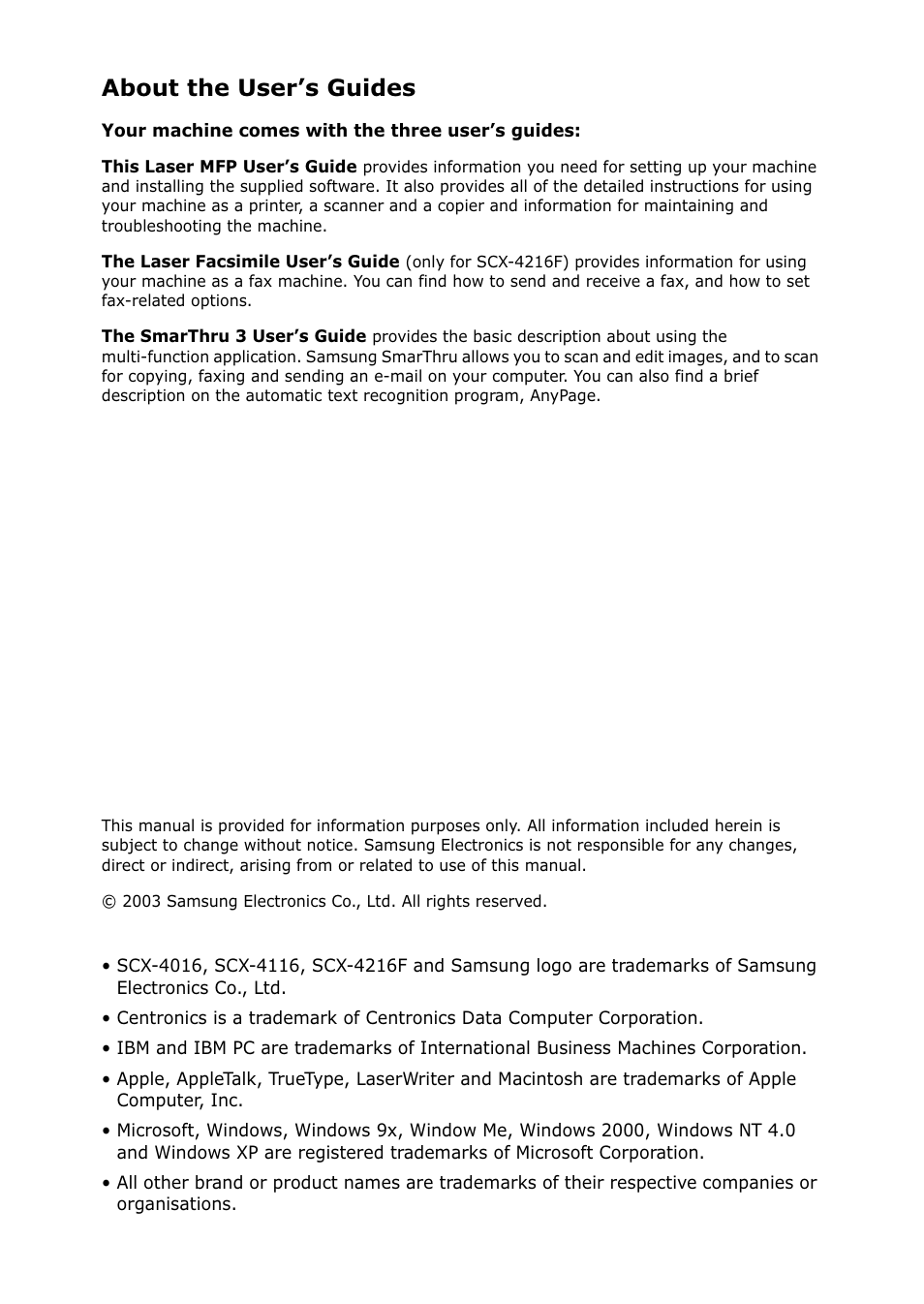 About the user’s guides | Samsung SCX-4216F User Manual | Page 2 / 225