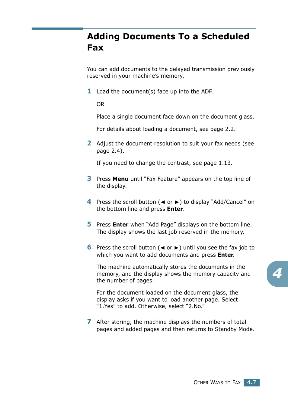 Adding documents to a scheduled fax | Samsung SCX-4216F User Manual | Page 211 / 225