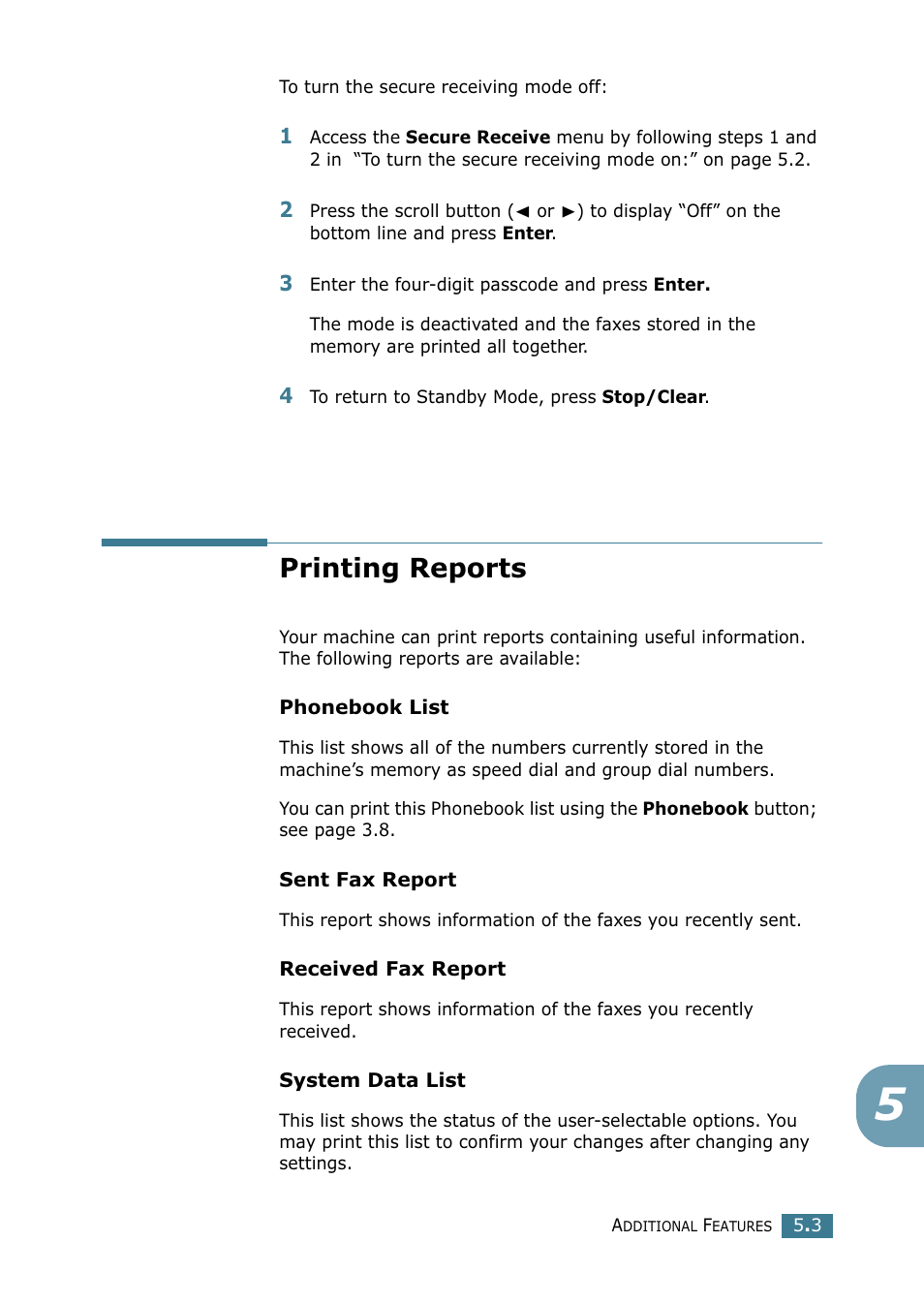 Printing reports | Samsung SCX-4216F User Manual | Page 215 / 225