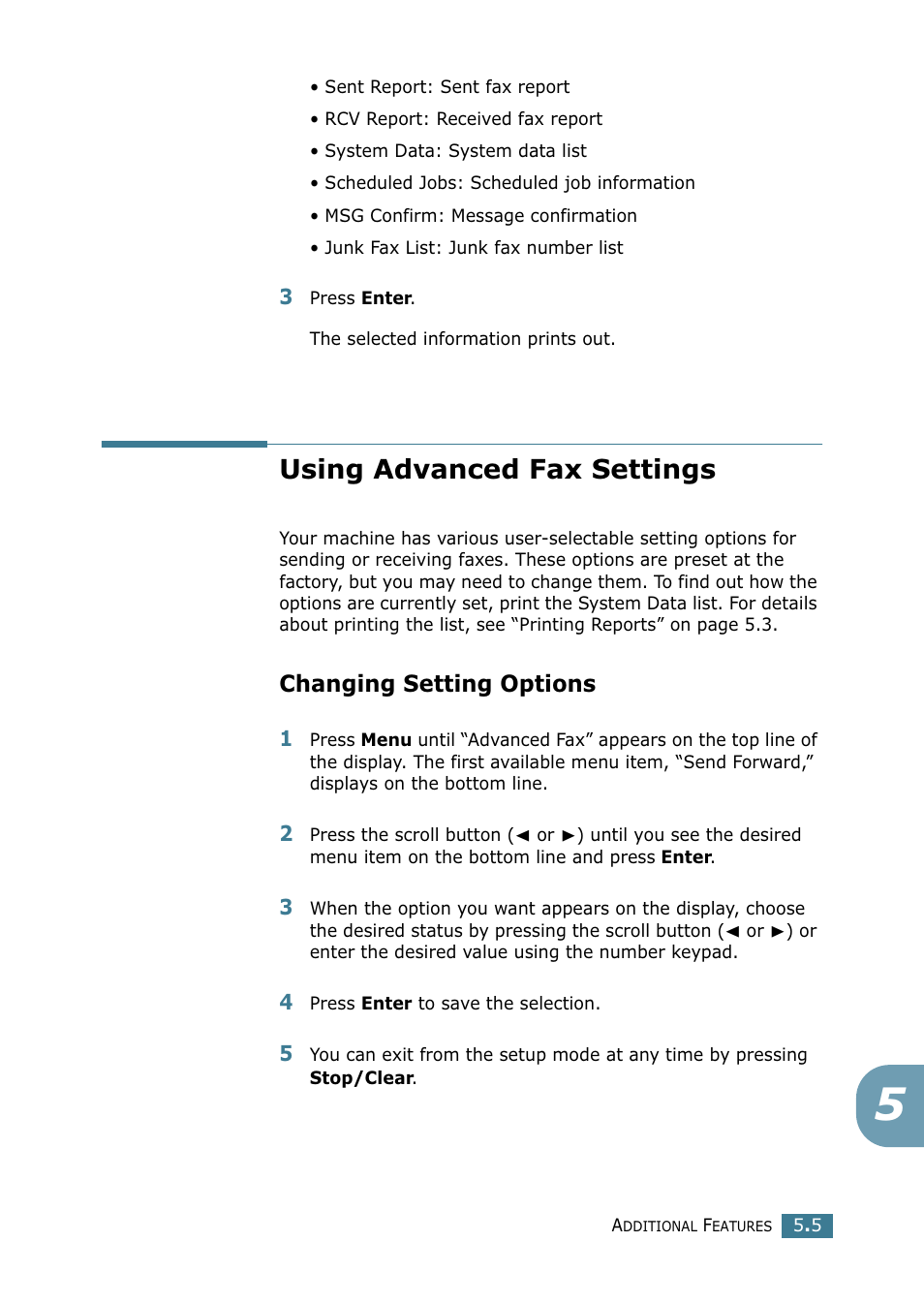 Using advanced fax settings, Changing setting options | Samsung SCX-4216F User Manual | Page 217 / 225