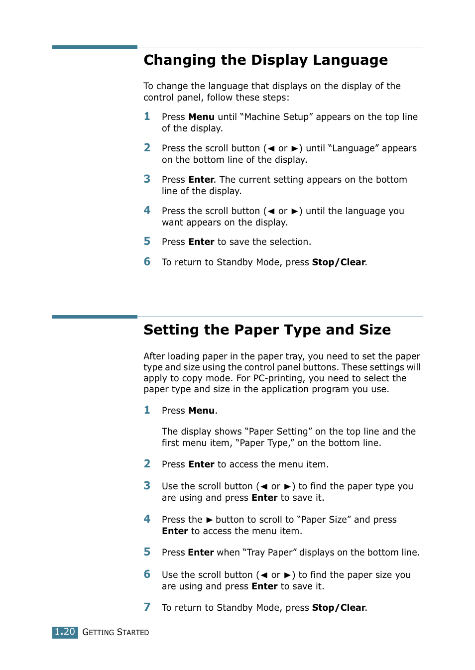 Changing the display language, Setting the paper type and size | Samsung SCX-4216F User Manual | Page 37 / 225