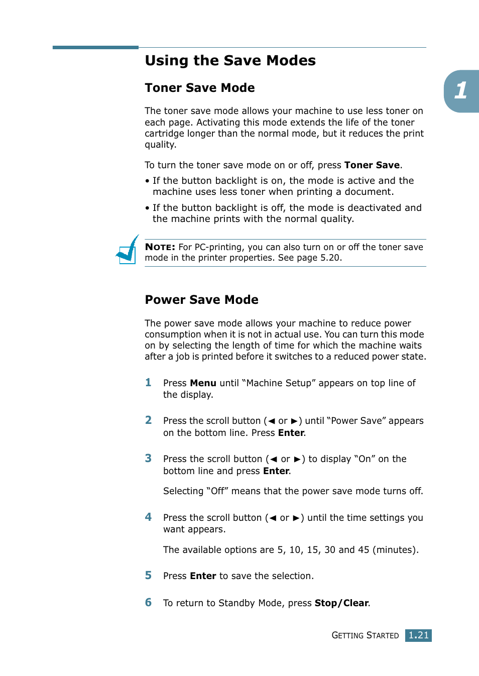 Using the save modes, Toner save mode, Power save mode | Samsung SCX-4216F User Manual | Page 38 / 225