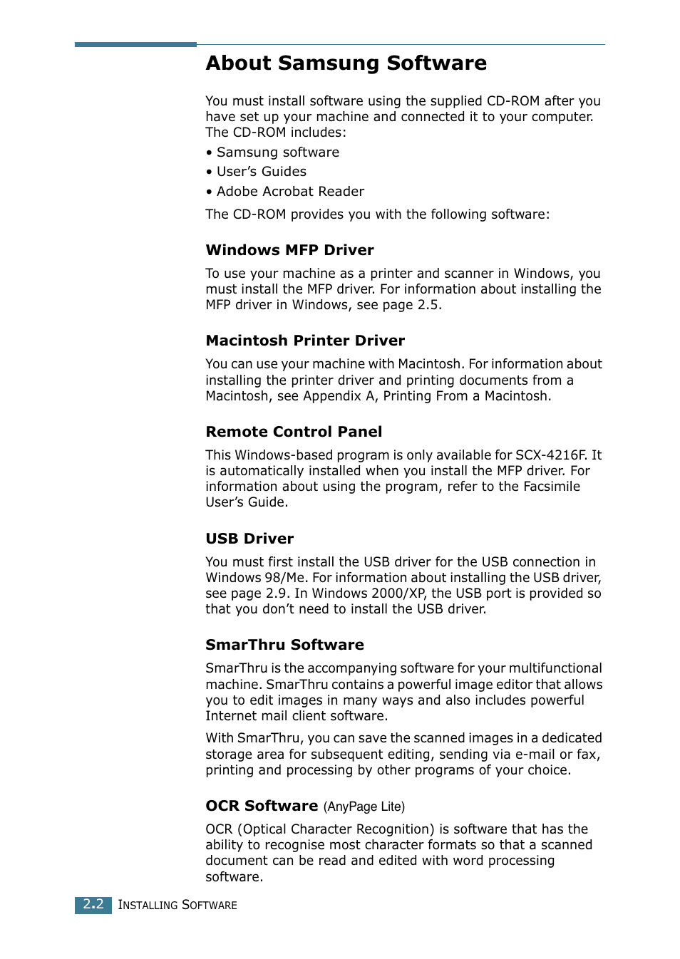 About samsung software | Samsung SCX-4216F User Manual | Page 41 / 225