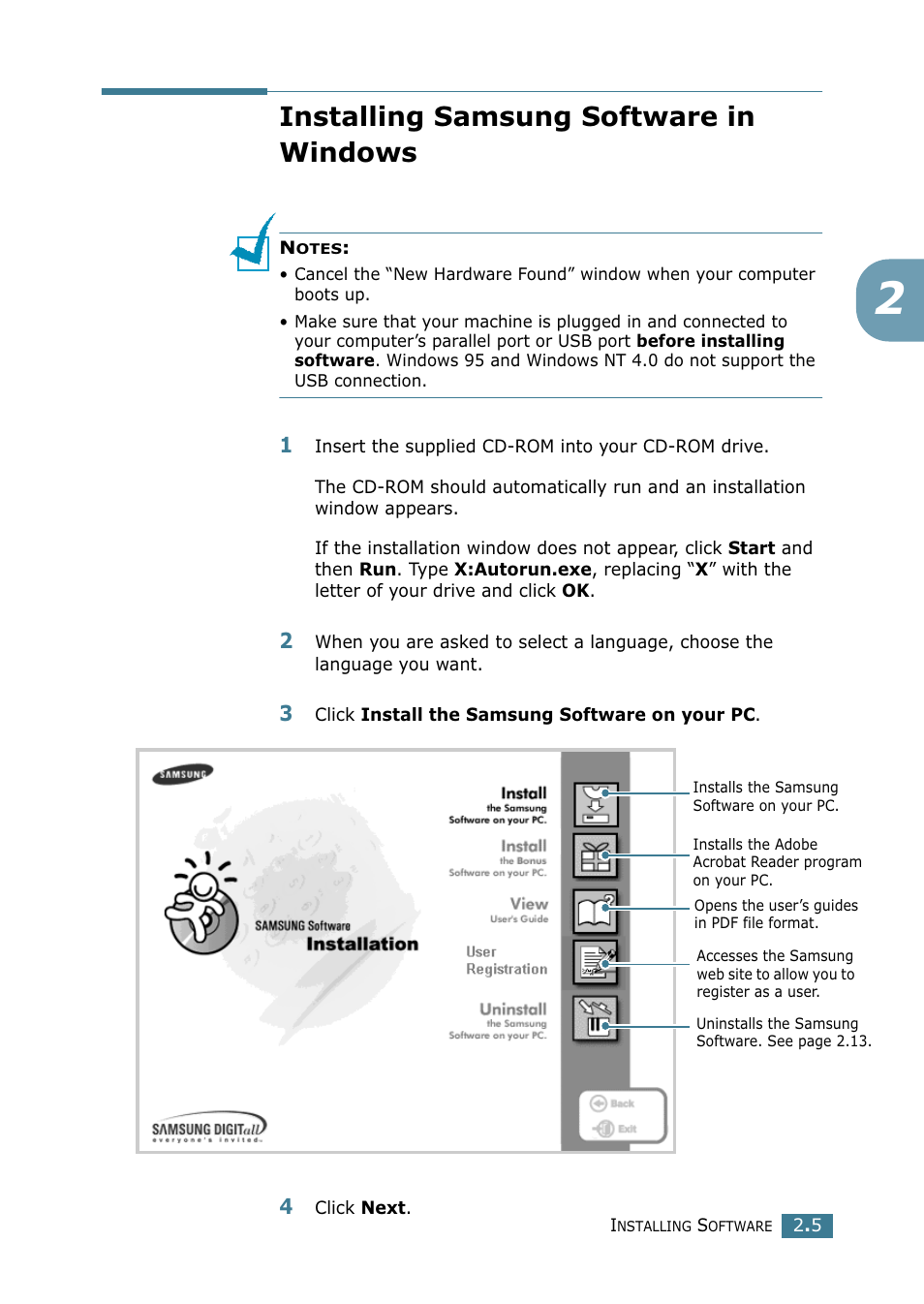 Installing samsung software in windows | Samsung SCX-4216F User Manual | Page 44 / 225