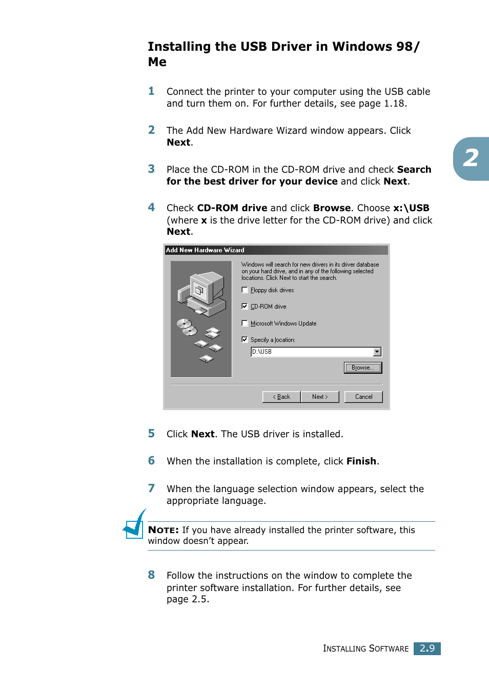 Installing the usb driver in windows 98/ me, Installing the usb driver in windows 98/me | Samsung SCX-4216F User Manual | Page 48 / 225