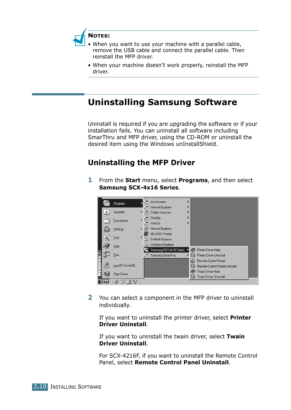 Uninstalling samsung software, Uninstalling the mfp driver | Samsung SCX-4216F User Manual | Page 49 / 225