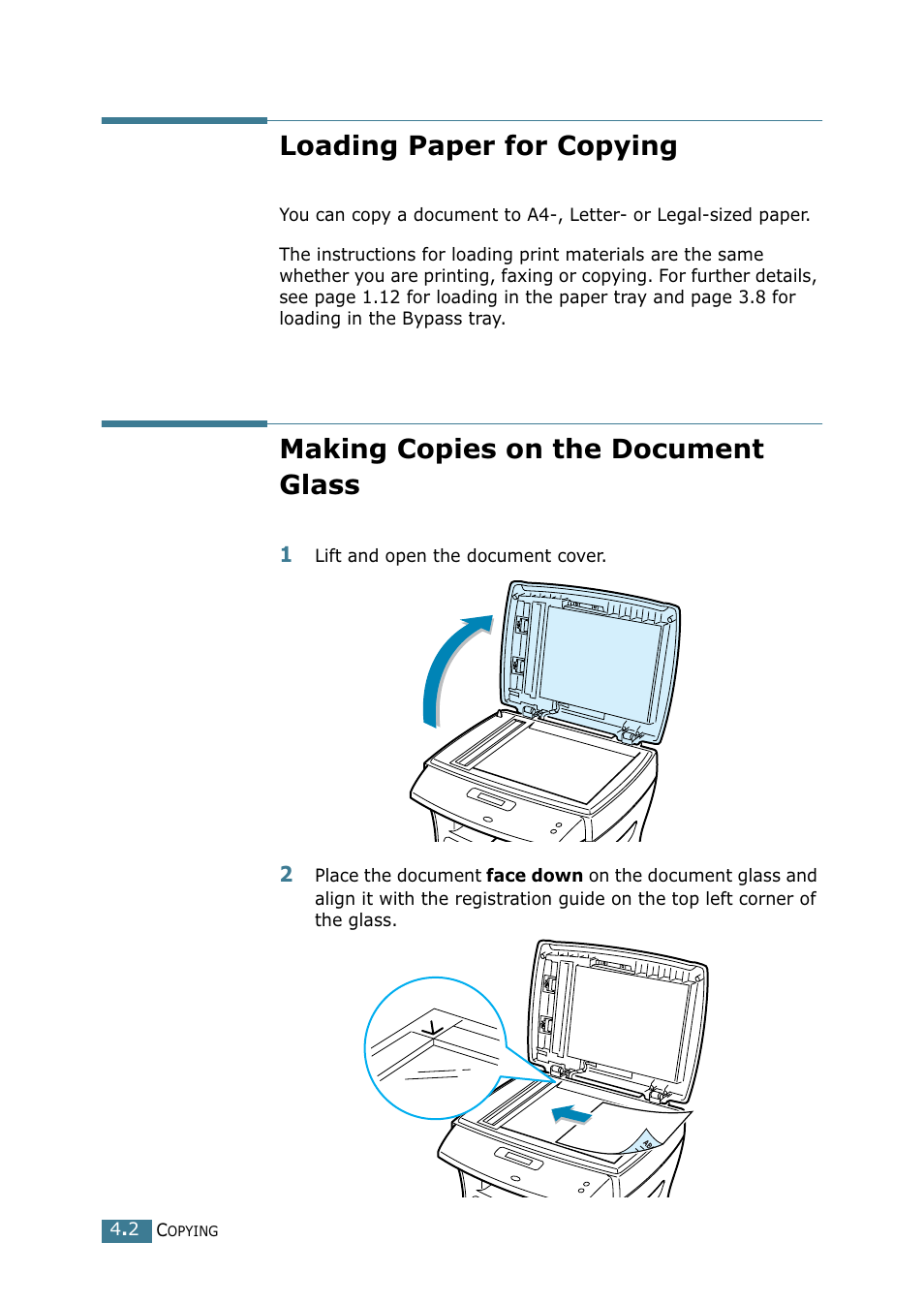 Loading paper for copying, Making copies on the document glass | Samsung SCX-4216F User Manual | Page 65 / 225