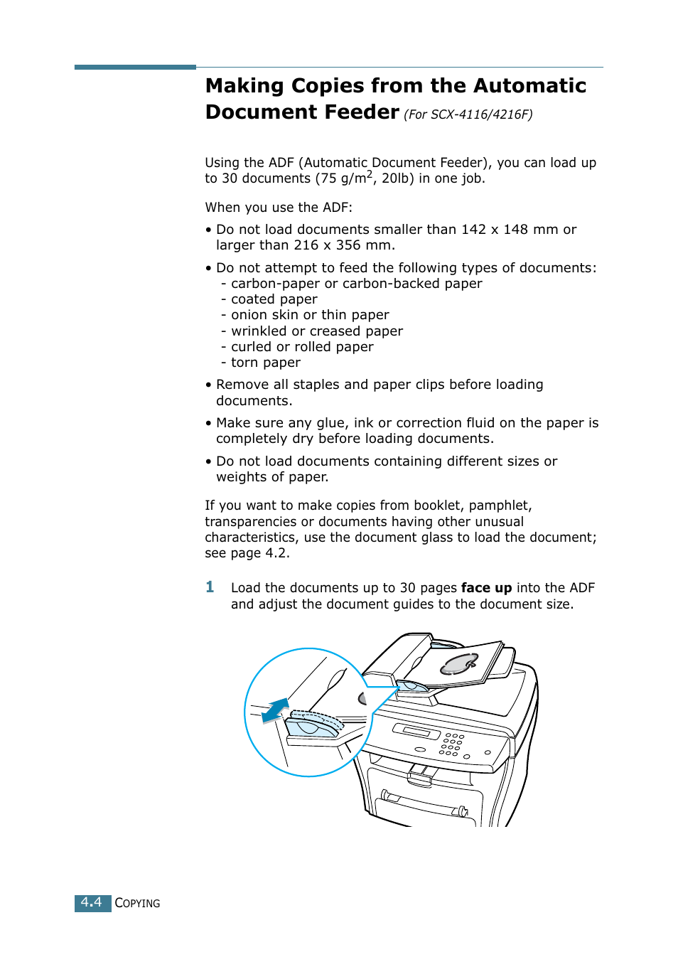 Making copies from the automatic document, Feeder (for scx-4116/4216f), Making copies from the automatic document feeder | Samsung SCX-4216F User Manual | Page 67 / 225